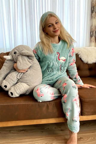Nisanca Kışlık Uzun Kollu Bayan Peluş Polar Pijama Takımı İpeksi Doku Yesil