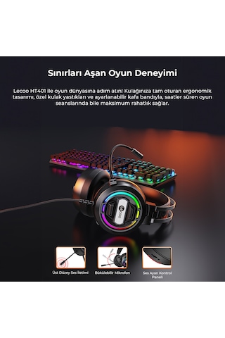 Lecoo HT401 3.5MM Jack+ USB Kulak Üstü RGB LED Aydınlatmalı Kablolu Gaming Kulaklık
