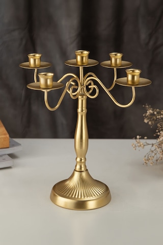 5 Gözlü Şık Restoran Düğün Şamdan Dekoratif Metal Mat Gold Mumluk Mt282sr Altın