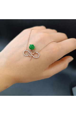 925 Ayar Gümüş Sonsuzluk Tema Yeşil Gül Modelli Harika Tasarım Altın Kaplama Kolye Gümüş