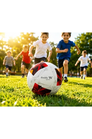 Double W Sports Dikişli Futbol Topu No:5 Kırmızı Beyaz Antrenman Topu Beyaz - Kırmızı