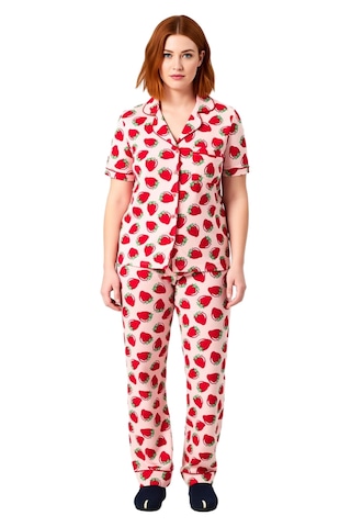 Ersefa Çilek Baskılı Gömlek Yaka Pijama Takımı Kadın Fonksiyonel Dayanık Pembe