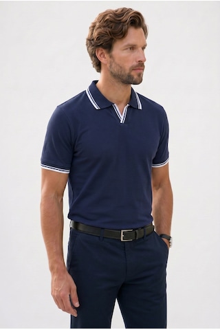 Tudors Erkek Slim Fit Dar Kesim %100 Pamuklu Çizgili Detaylı V Yaka Lacivert Polo Yaka Tişört-51596