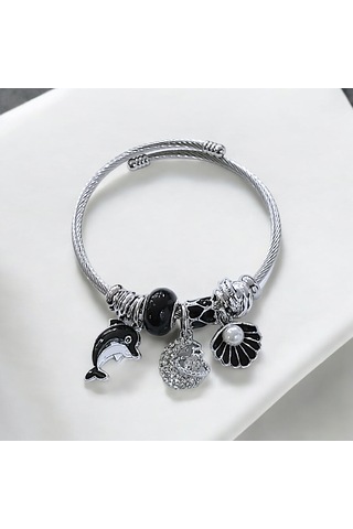 Kadın Çelik Charm Bileklik Bilezik Yunus Figürlü Siyah Çelik