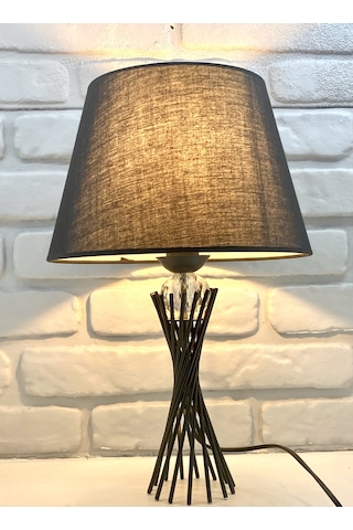 Siyah Burgu Metal Ayaklı Kristal Cam Toplu Kumaş Şapkalı Abajur Siyah