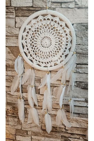 Düş Kapanı Makrome Dreamcatcher Ekru Kuş Tüyü Rüya Kapanı Duvar Süsü Elişi