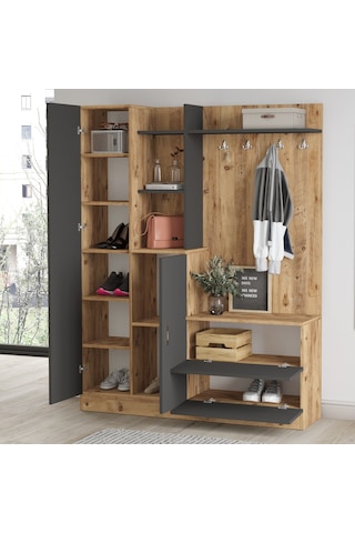 Yurudesign Wisdom Vestiyer Ayakkabılık Portmanto Aynalı Raf Çam-A