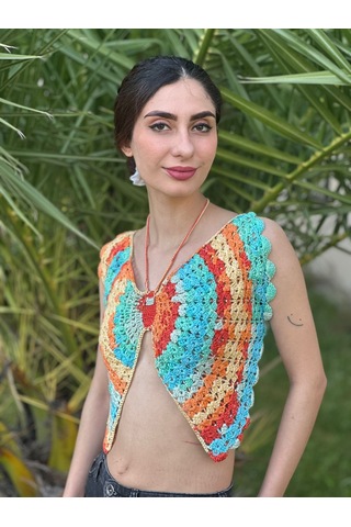 Gönülden Tasarım El Örgüsü Kelebek Crop Büstiyer Standart Beden Turuncu