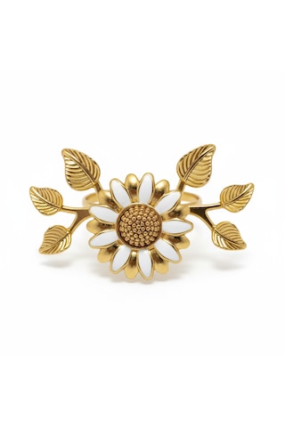 6 Lı Gold Kaplama Beyaz Mineli Yapraklı Papatya Peçete Halkası Seti Altın