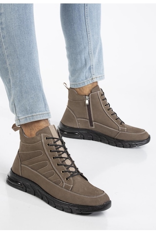 Hakiki Deri Nubuk Erkek Bot Vizon Elastik Bağcıklı Yan Baskılı-3475 Vizon