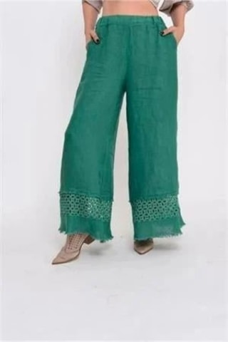 Bohem Stil İtalyan Fisto Detaylı Keten Pantolon-8748 Gucci Yeşil
