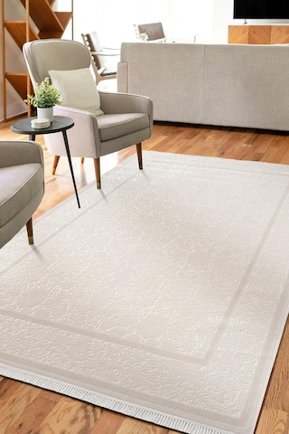 Etro Et002w Krem Klasik Modern Çerçeveli Desen Parlak Ağır Yüksek Sıklıkta Salon Halısı İpek Serisi-734 Krem