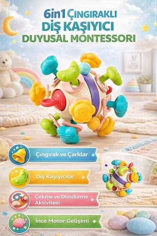 Bebek Oyuncağı Çıngıraklı Diş Kaşıyıcı Duyusal Montessori Oyuncak 6 İn 1 Bebek Oyuncağı