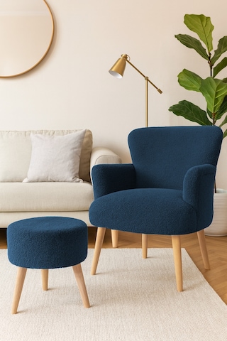 Roma Berjer + Puf Set - Welsoft Yumuşak Kumaş - Ahşap Ayak - Lacivert Lacivert