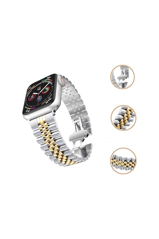 Apple Uyumlu Watch 2/3/4/5/6/7/8/se/ultra 38 40 41mm Çelik Baklalı Metal Kordon Gümüş Gold