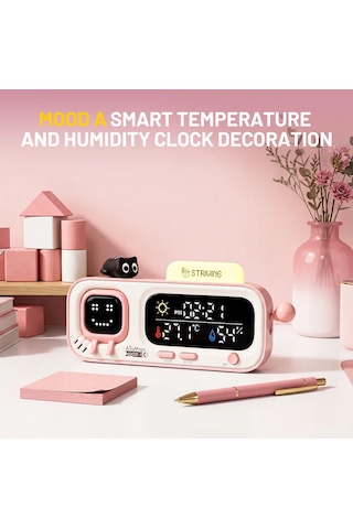 Atuman Mood-a Akıllı Termometre Higrometre Saat Retro Piksel Ekranlı Sıcaklık Nem Ölçer, Usb Şarjlı Masaüstü Akıllı Oda Monitörü, Animasyonlu Dekoratif Ev & Ofis Cihazı Hediyelik Süs Pembe