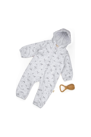 Bebek Uzun Kollu Şapkalı Tulum %100 Organik Pamuk - Yenidoğan - Csy8033 Gri