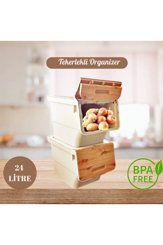 Motek Patetes Soğan Sepeti Oyuncak Kutusu Tekerlekli Organızer Çok Amaçlı Kutu 2x12lt-bambu+krem