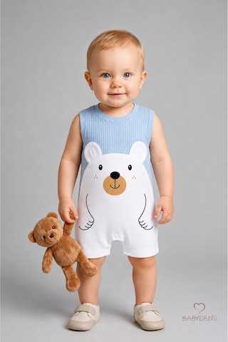 Babyden's Erkek Bebek Yazlık Ayıcık Baskılı Fitilli Tulum %100 Pamuk Kolsuz Şort Tulum Yenidoğan Bebek Romper 0-9 Ay Mavi