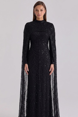 Olcay İnci Ve Pul Bezeli Exclusive Tesettür Abiye Elbise Siyah 1039