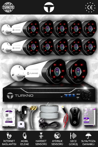 Turkno 12 Kameralı Galia 12 Dış Kamera Set 100 GB HDD Full HD Gece Görüşlü Güvenlik Kamerası Sistemi