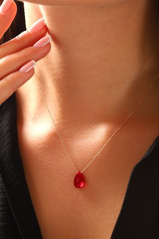 14 Ayar Altın Kolye Yakut Rengi Doğal Kırmızı Taş Altın Zincirli Kolye 45 Cm Uzunluk