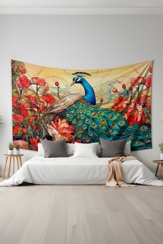 Tavus Kuşu Desenli Duvar Halısı Duvar Örtüsü Tapestry Süet Dokulu Kumaş