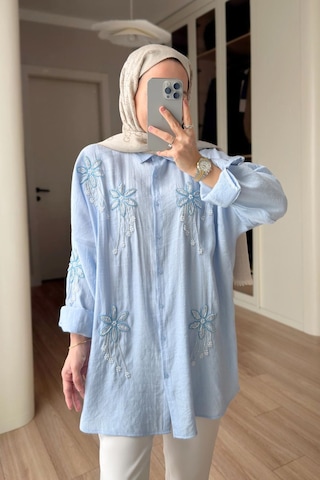 Kahijab Stella Boncuk İşlemeli Gömlek - Mavi