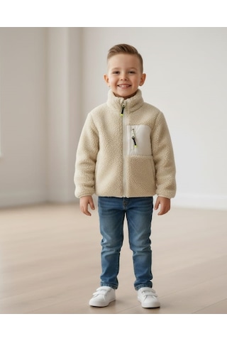 Smalltouch Unisex Çocuk Yumuşak Dokulu Astarlı Fermuarlı Cepli Peluş Hırka Bej