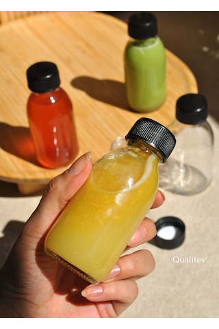 100 Ml Cam Şişe Şeffaf Kilitli Sızdırmaz Siyah Kapaklı Meyve Su