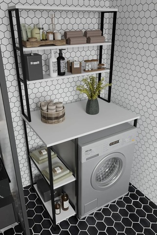 Saroz Çamaşır Makina Üstü Raf Banyo Dolabı Rafı Deterjan Rafı Beyaz Beyaz
