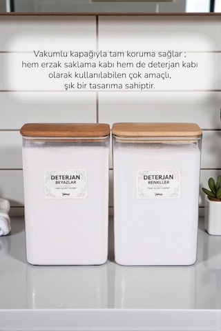 3 Adet Ahşap Vakumlu Kapaklı Tablet Ve Deterjan Renkliler - Beyazlar Etiketli Kutu 3 Litre Şeffaf