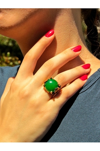 Yaprak Desenli Yeşil Akik Doğal Taş Ayarlanabilir Kadın Yüzük Çok Renkli