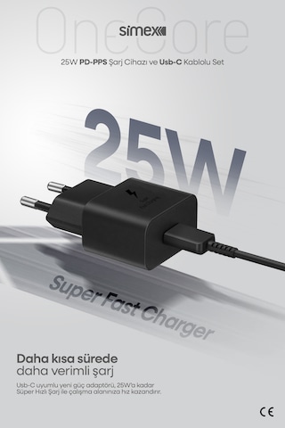 Simex 25w Süper Hızlı Şarj Seti Type-c Adaptör + Kablo Samsung Galaxy Uyumlu Ce Belgeli Sps-17