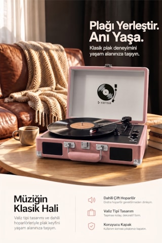 Kensa Bluetooth Lu Nostaljik Çantalı Pikap 33/45/78 Devir Dahili Bataryalı Plak Çalar Pembe