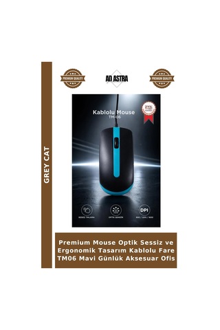 Premium Mouse Optik Sessiz Ve Ergonomik Tasarım Kablolu Fare Tm06 Mavi Günlük Aksesuar Ofis