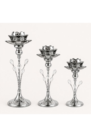 3'lü Gümüş Lotus Mumluk Seti Kristal Taş Detaylı Metal Şamdan Dekoratif Mumluk