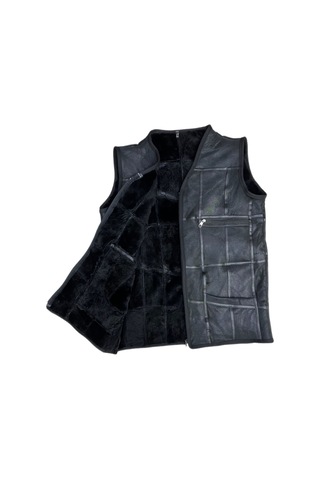 Patchwork Içi Kürk-Dışı Süet Hakiki Deri Biye Detaylı Yelek Siyah