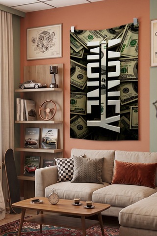 Money Temalı Duvar Örtüsü, Money Cash Gamer Oda Dekoru, Kumaş Duvar Halısı Beyaz