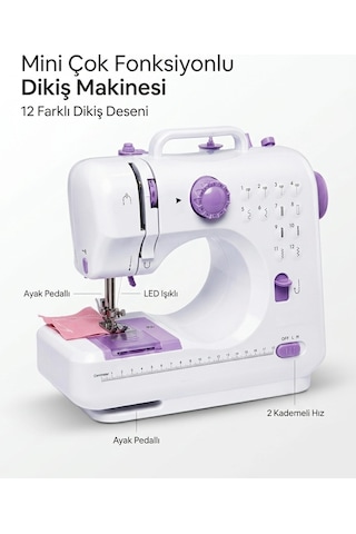 Çok Fonksiyonlu Mini Dikiş Makinesi 12 Dikiş Seçenekli 2 Kademeli Hız Ayarlı Çok Renkli