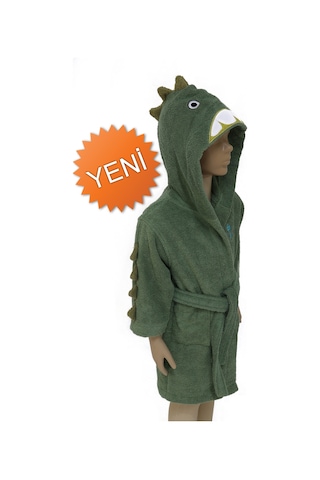 %100 Pamuk Çocuk Bornoz Yeşil Dinozor Yeşil