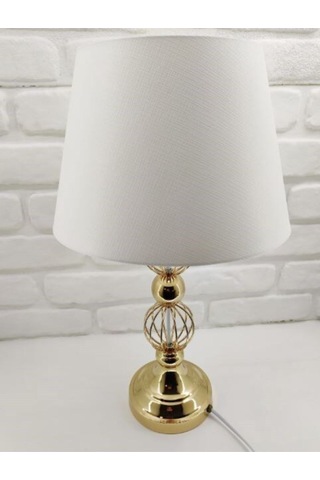 Gold Altın Renk Tel Toplu Metal Ayaklı Beyaz Şapkalı Abajur Altın - Beyaz