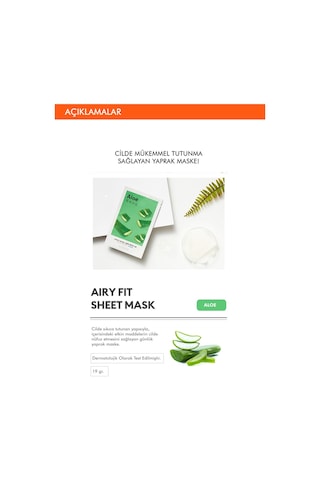 Missha Kuru Ciltler İçin Aloevera İçeren Nemlendirici Yaprak Maske 1 Adet Airy Fit Sheet Mask