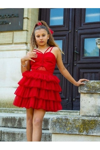 Zekids Kız Çocuk Simli Önü Pencere Detaylı Kısa Kat Kat Tasarım Abiye-15758 Kırmızı