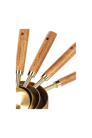Qerhome 4'lü Ahşap Saplı Gold Lüks Ölçü Kaşığı - Ölçü Kabı Altın