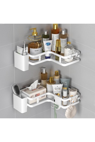 Springsun Duvar Üstü Köşe Depolama Rafı - Duvarı Bozmadan Kurulur - Banyo/mutfak İçin İki Katlı Beyaz Organize Rahatlığı Diğer