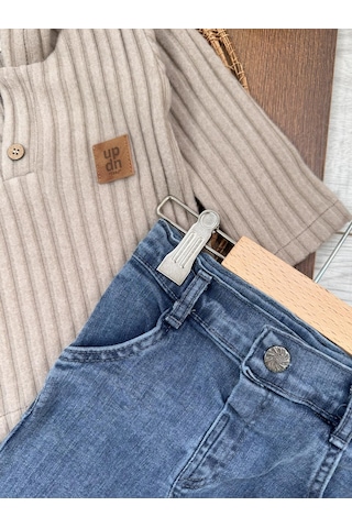 Yumuşak Doku Sweatshirt Esnek Kot Pantalonlu Erkek Bebek 2'li Takım Kahverengi