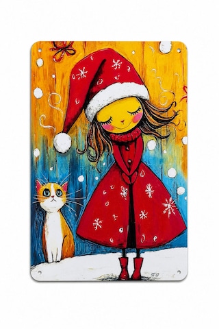 Upeka Kedi Ve Kız Noel Temalı Şık Modern Tasarım Dekorasyon Metal Duvar Tablo 30cmx20cm
