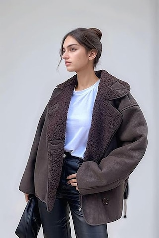 Prifaldi Zr Oversize Else Acı Kahve İçi Kürklü Kalın Süet Mont Kahverengi