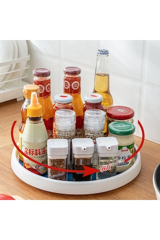 Tenfowee Küçük Boy 25cm Beyaz+gri 360 Döner Tepsili Mutfak Baharat/şekerlik Rafı - Pp+trp+304 Çelik, Kaymaz Önlü, Buzdolabı Uyumlu Beyaz